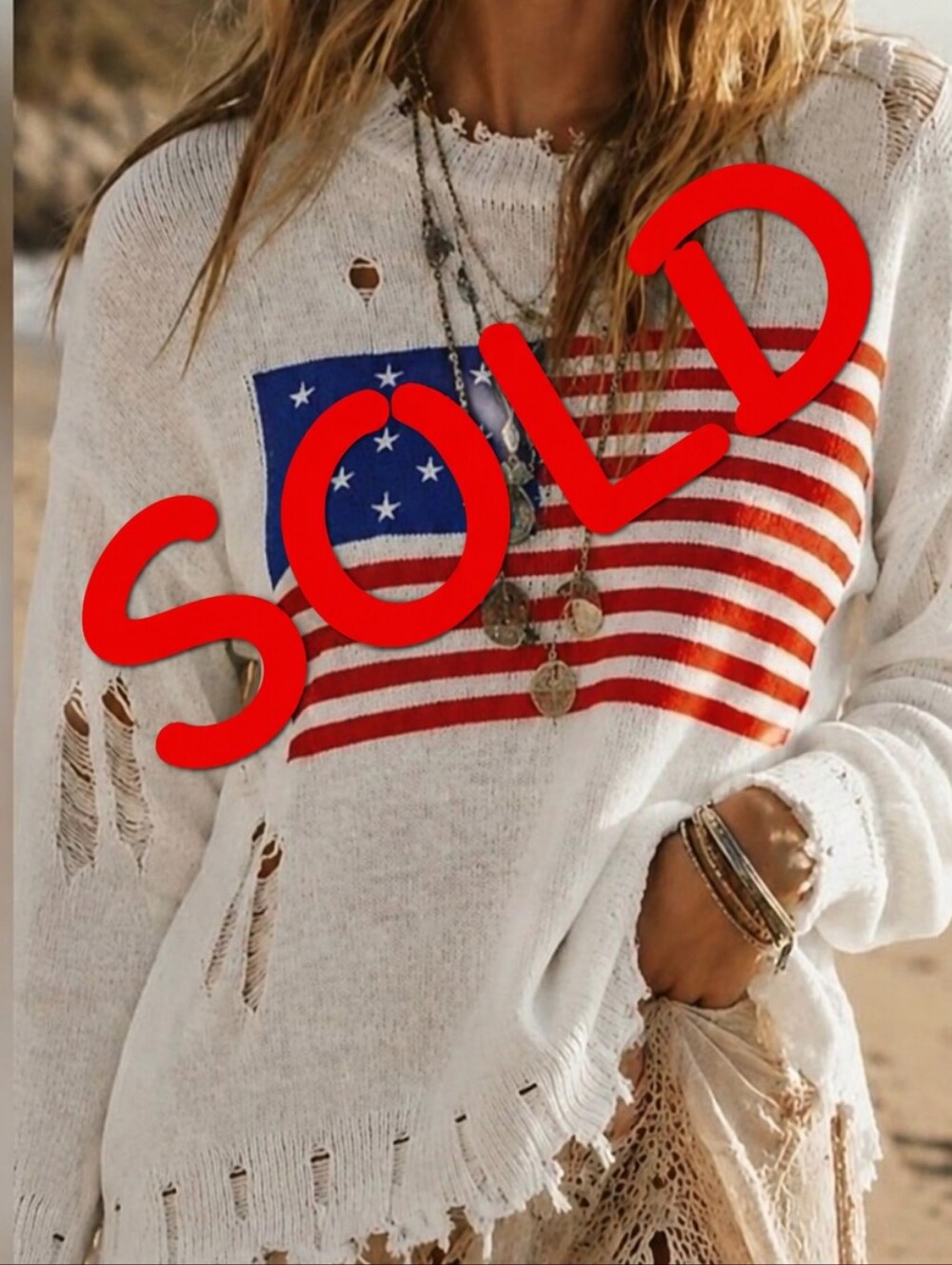 NWT Main Strip White Distressed Flag Sweater